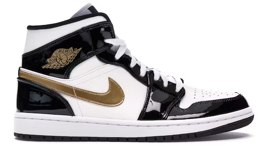 Jordan 1 Mid Patent Black White Gold