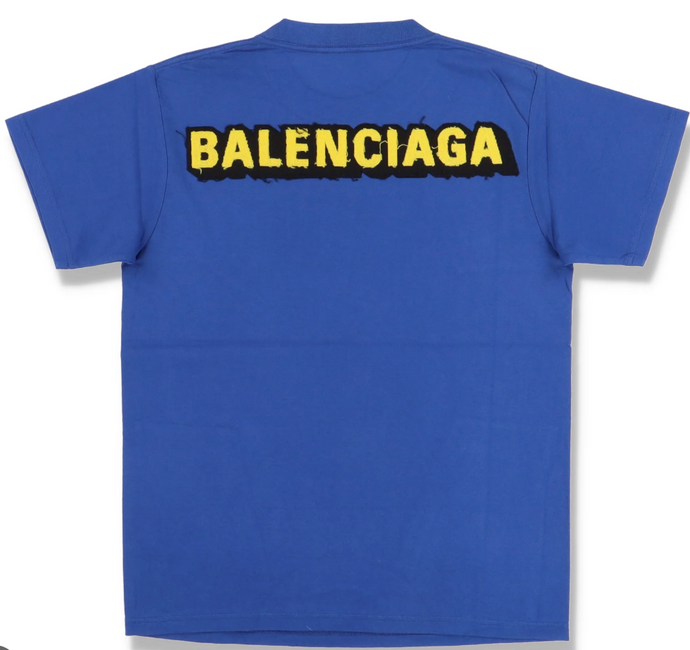 Balenciaga Blue and Yellow Back Patch Logo T-Shirt - Xsmall