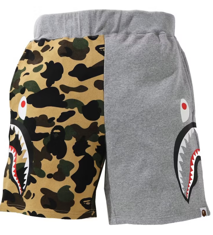 BAPE 1st Camo Half Side Shark Sweat Shorts Yellow/Grey (SS21)
