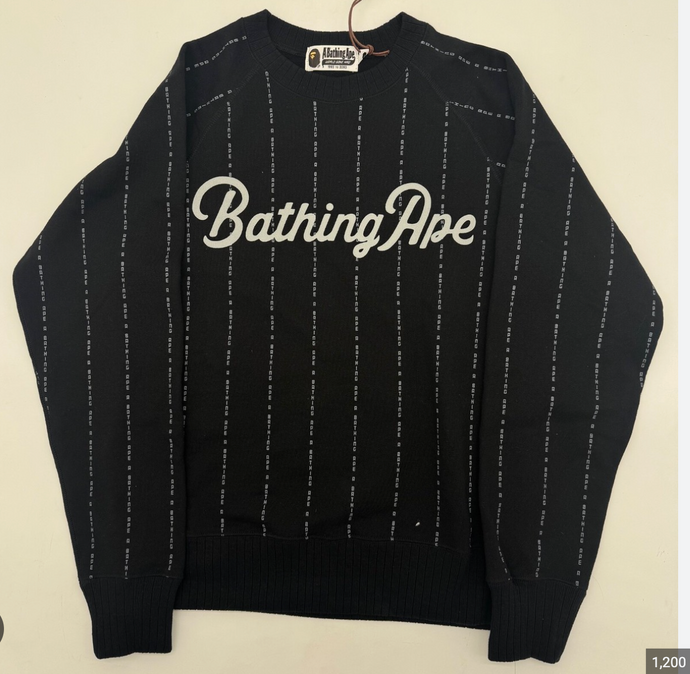 bape text stripe crewneck black baseball