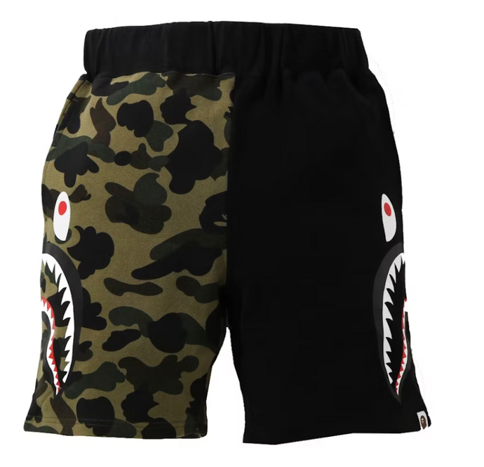 BAPE 1st Camo Half Side Shark Sweat Shorts Green